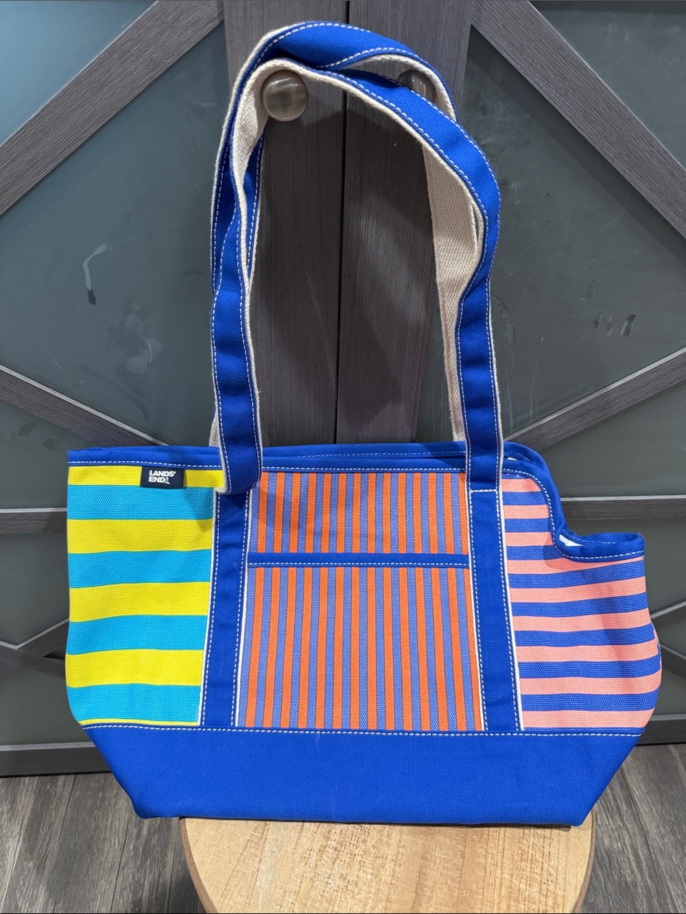 Lands' End Blue Canvas Pet Carrier Tote with Multicolor Stripes